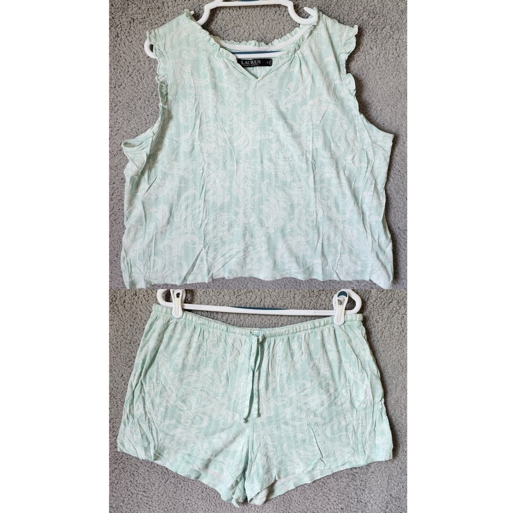 Lauren Ralph Lauren Pajama Set Womens XL Green Paisley Striped Ruffle Top Shorts